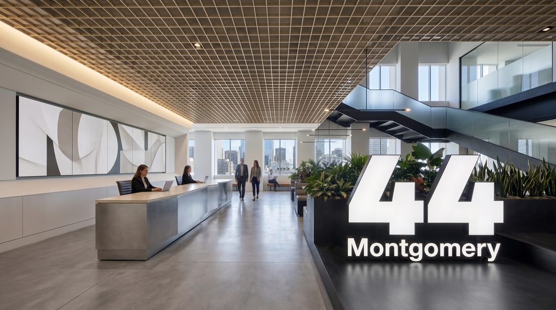 Reception with the 44 Montgomery sign and the feature staircase