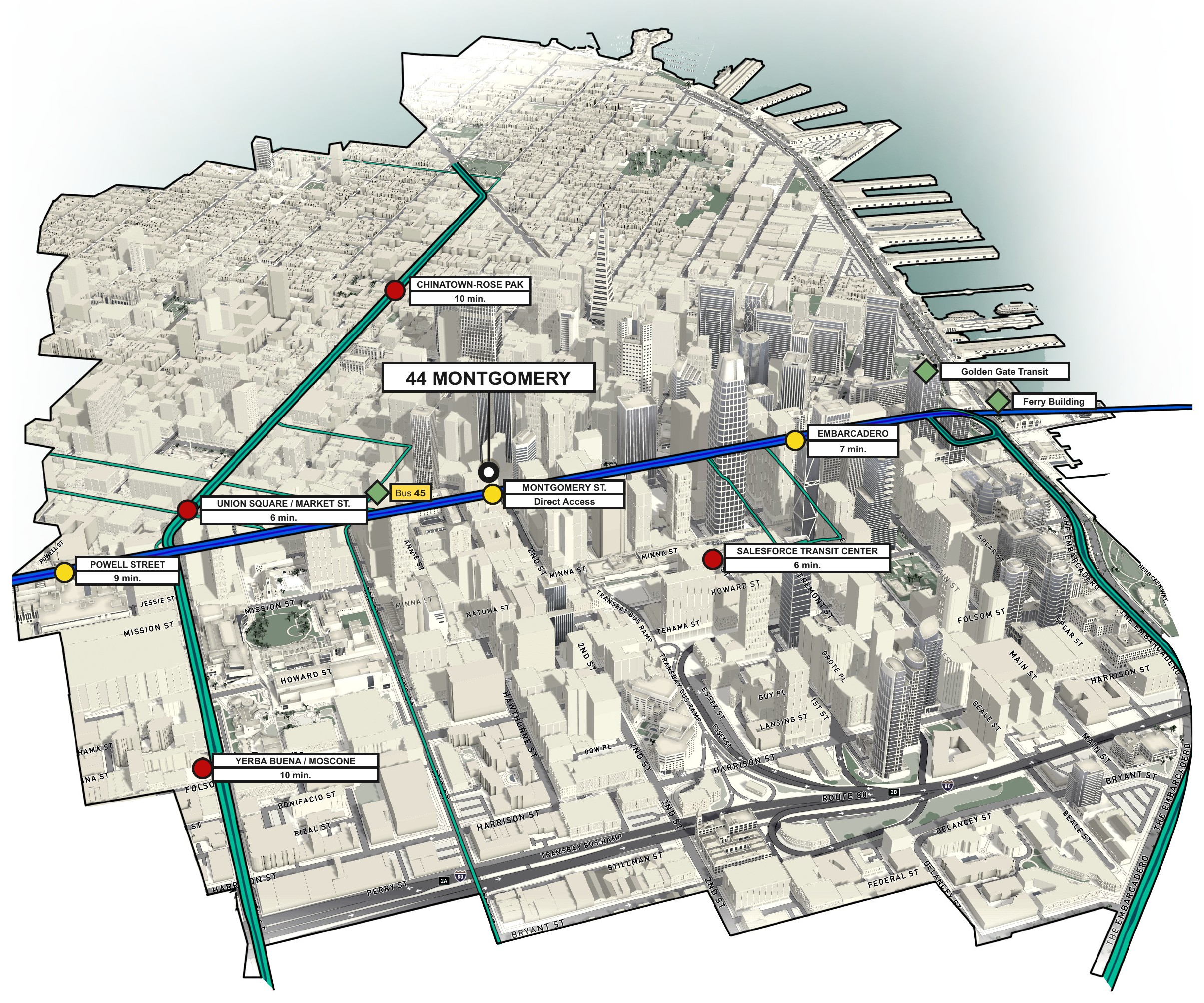 Transit map: 44 Montgomery with BART and Muni lines and walking times to nearby stations
