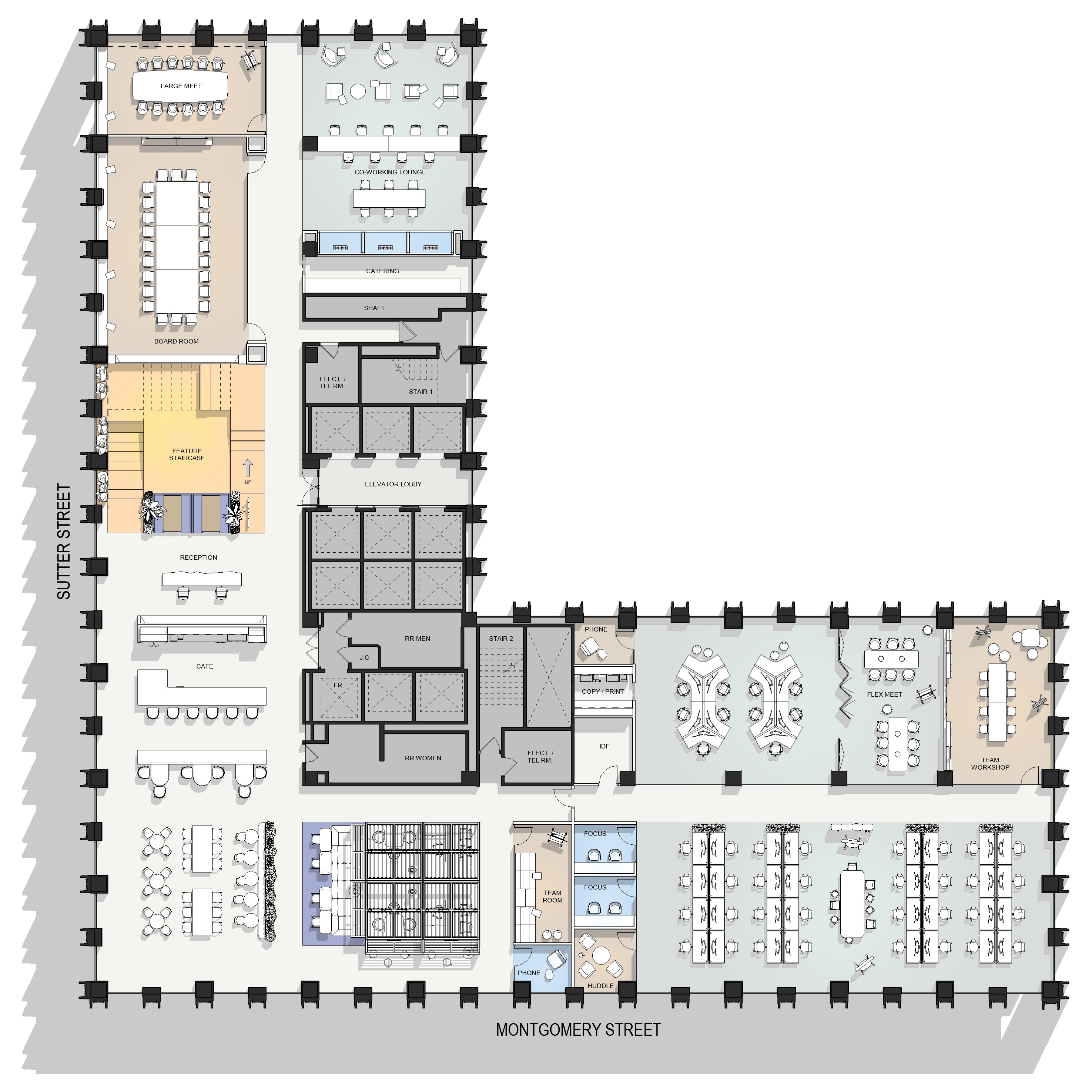 Hypothetical 27th floor plan, color-coded by use