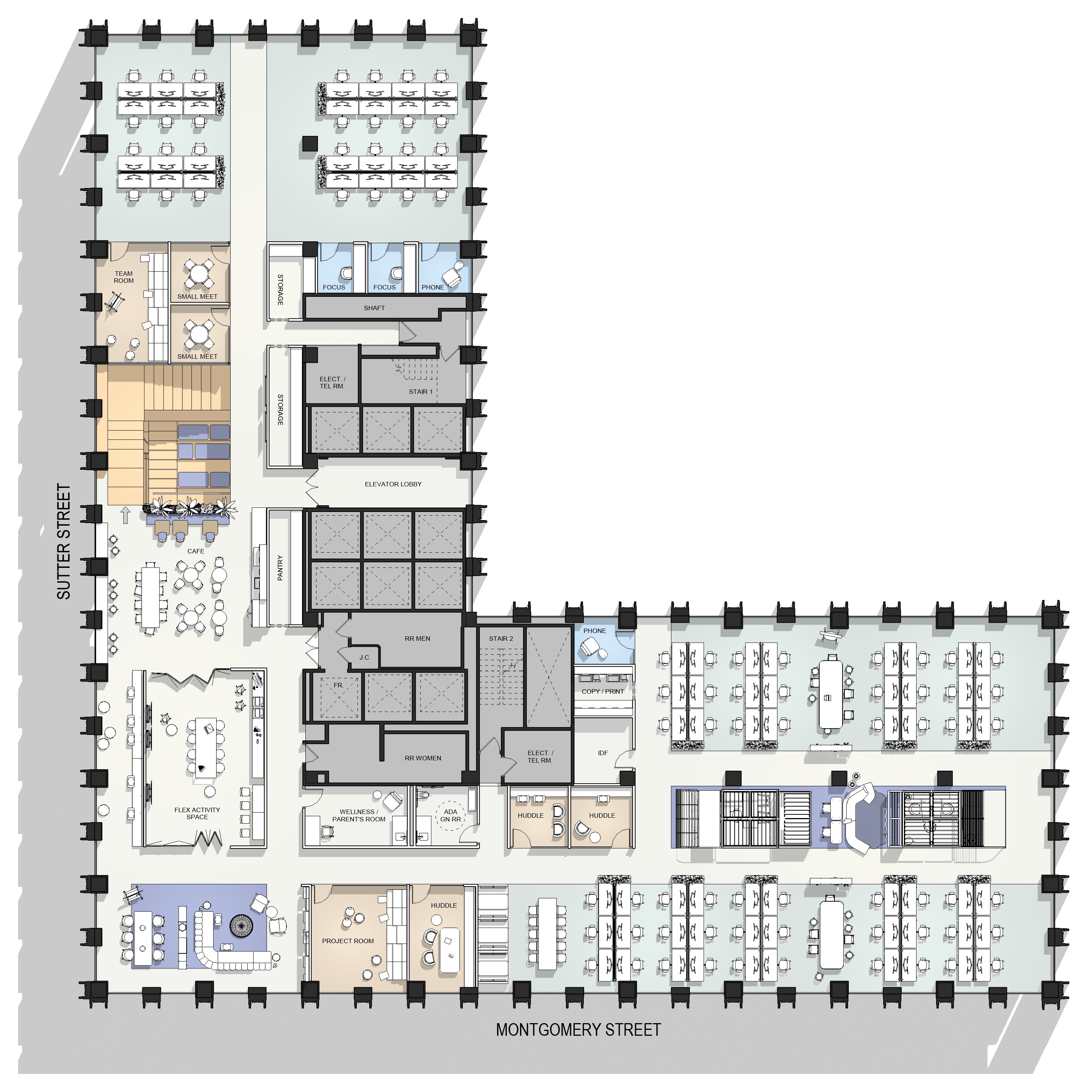 Hypothetical 28th floor plan, color-coded by use