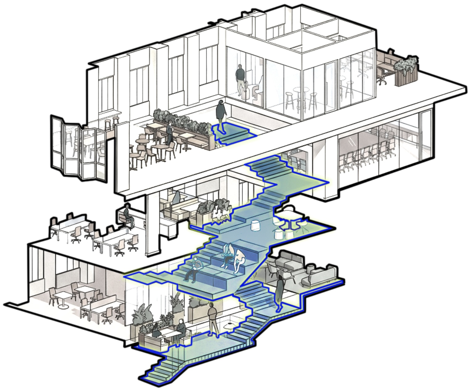 Cut-away axonometric of the feature staircase connecting the floors